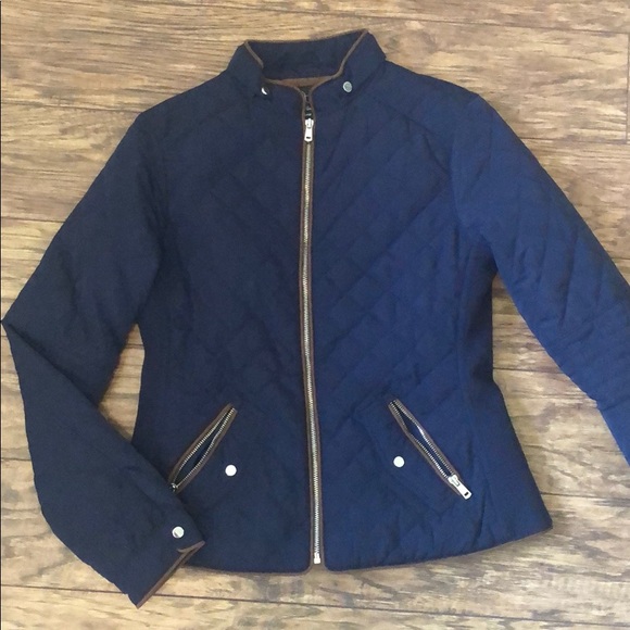 Quilted Navy Blue Jacket with Brown Piping - Picture 1 of 5